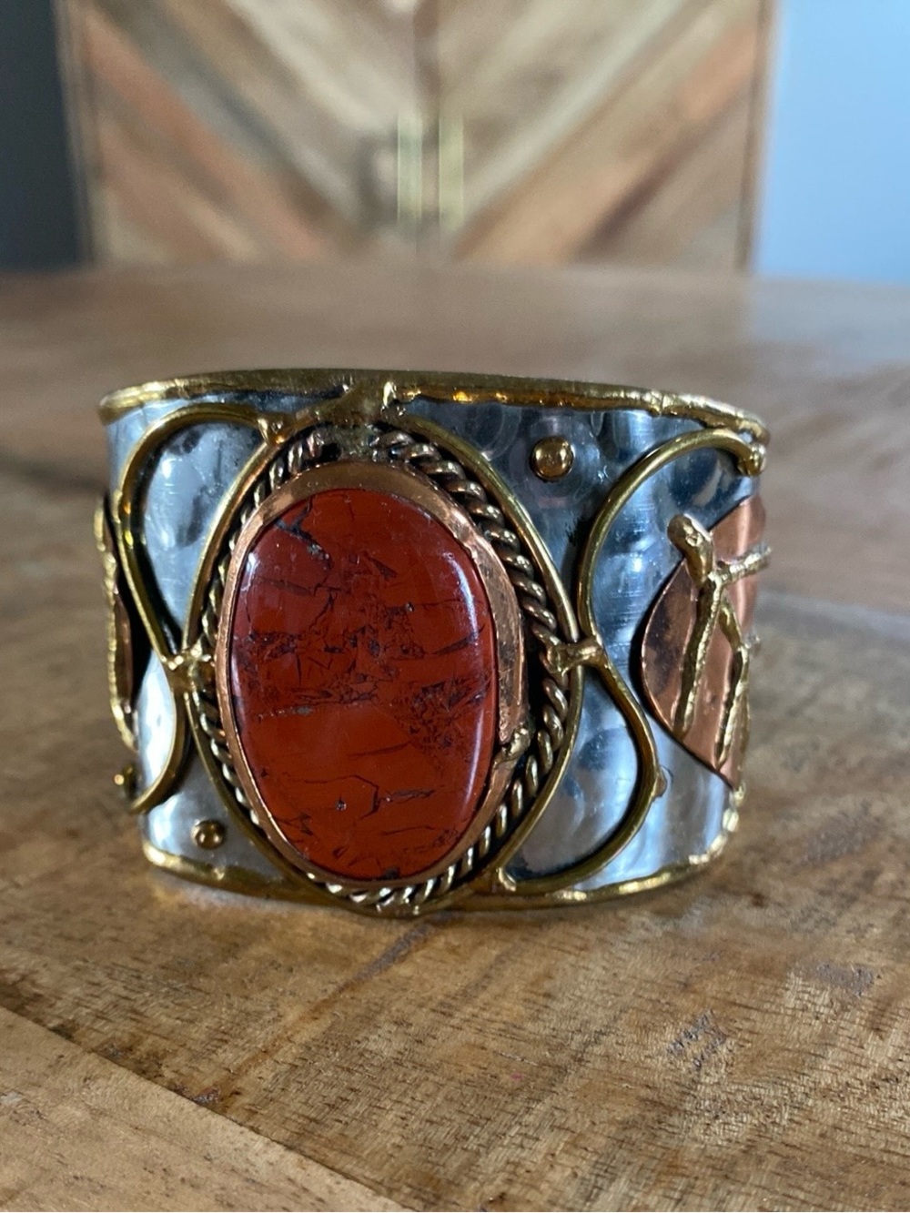 Vintage Brutalist Mixed Metal Red Jasper Artisan Cuff Bracelet